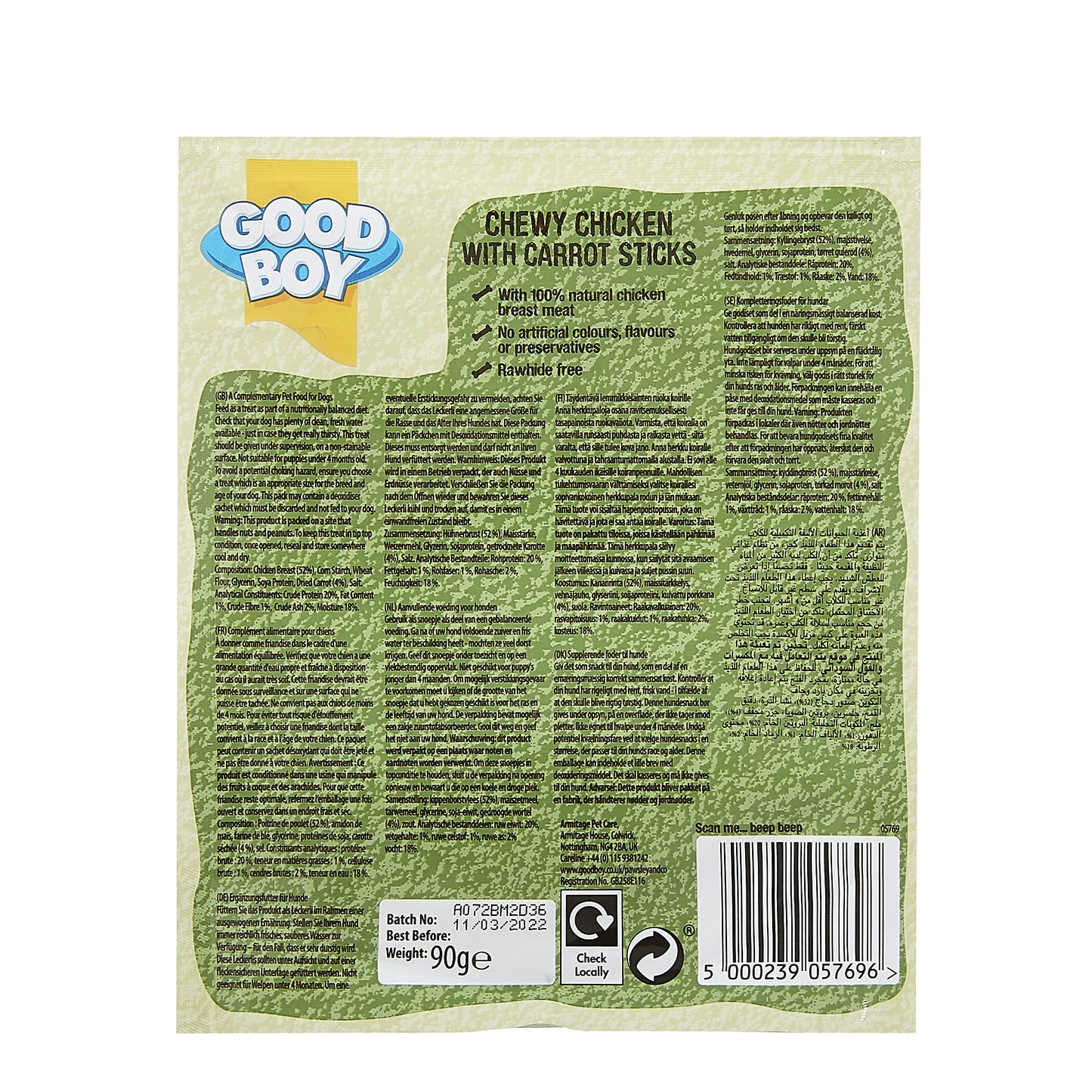 Good Boy - Chewy Chicken With Carrot Sticks - Dog Treats - Made With 100% Natural Chicken Breast Meat - 10x90 grams - Rawhide Free Dog Treats