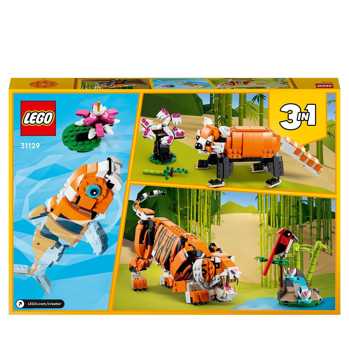 LEGO 31129 Creator 3 in 1 Majestic Tiger to Panda or Koi Fish Set, Animal Figures, Collectible Building Toy, Gifts for Kids, Boys & Girls 9 Plus Years Old