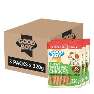 Good Boy - Chewy Twists With Chicken - Dog Treats - Made With 100% Natural Chicken Breast Meat - 320 Grams - Gluten Free Dog Treats (Case of 3)