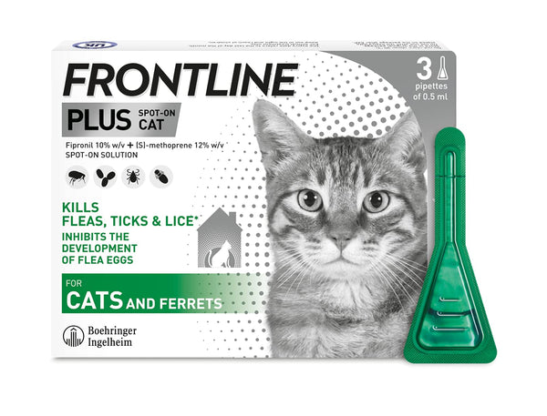 FRONTLINE Plus Flea & Tick Treatment for Cats and Ferrets - 3 Pipettes