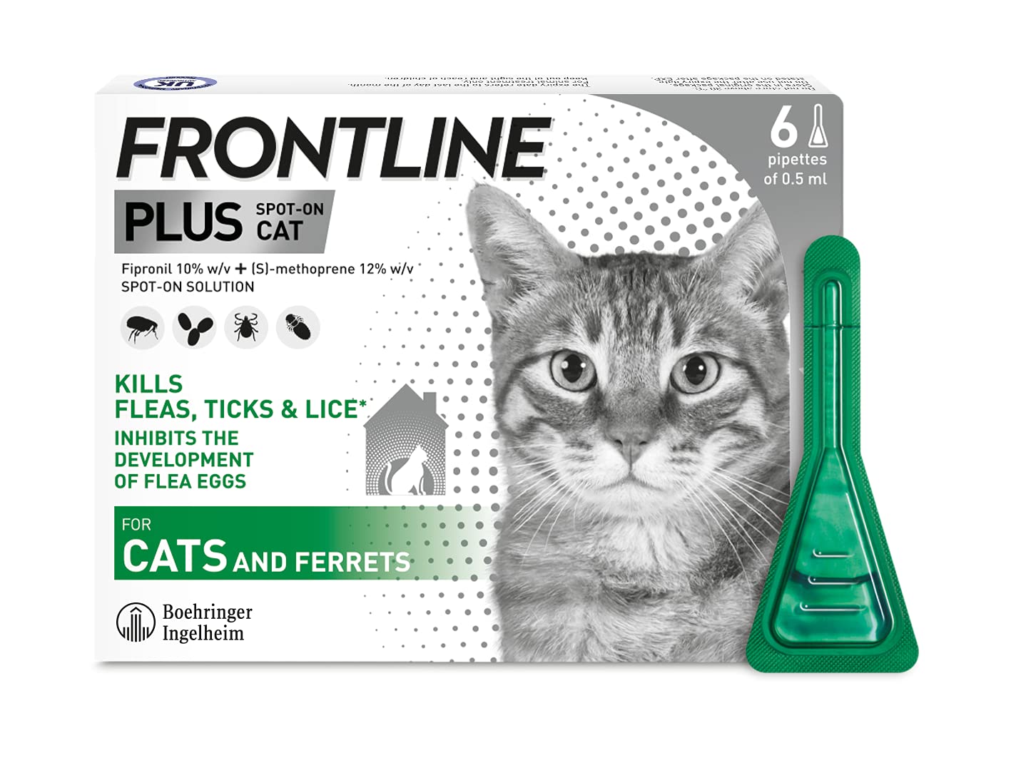 FRONTLINE Plus Flea & Tick Treatment for Cats and Ferrets - 6 Pipettes (Pack of 1)