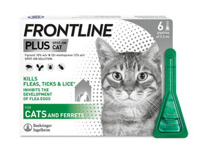 FRONTLINE Plus Flea & Tick Treatment for Cats and Ferrets - 6 Pipettes (Pack of 1)