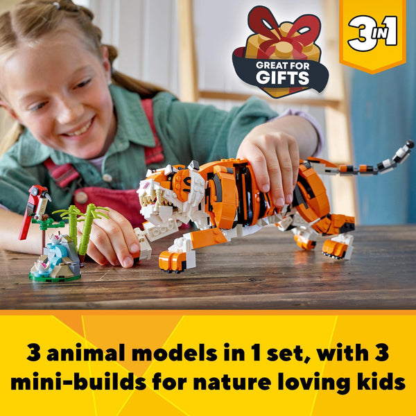 LEGO 31129 Creator 3 in 1 Majestic Tiger to Panda or Koi Fish Set, Animal Figures, Collectible Building Toy, Gifts for Kids, Boys & Girls 9 Plus Years Old